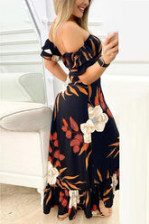 Schulterfreies Maxikleid mit Rüschensaum